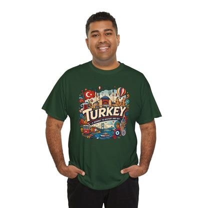 Forest green graphic tee featuring a colorful Turkey-themed central chest print