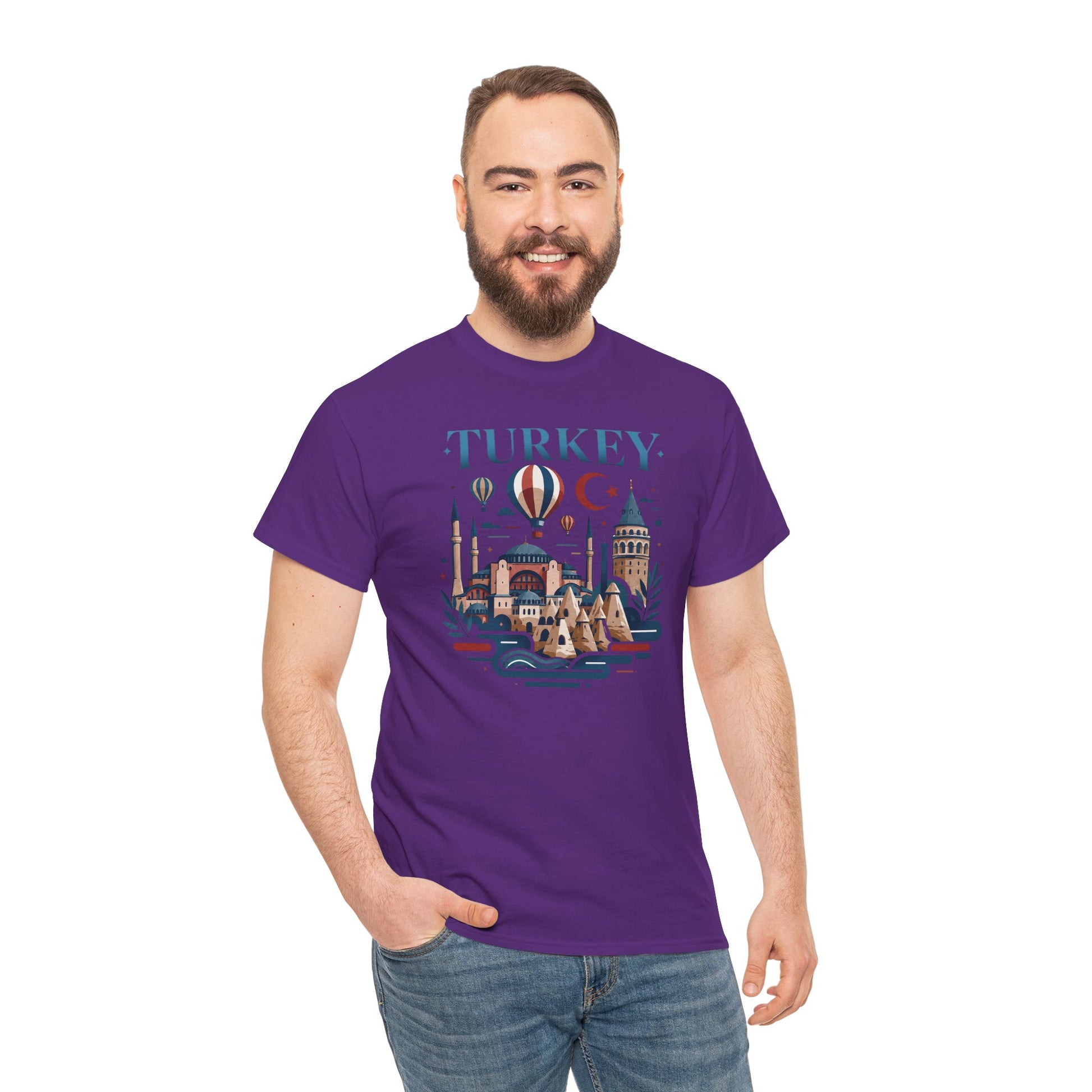 Purple T-shirt with “TURKEY” skyline graphic and hot air balloon design on front