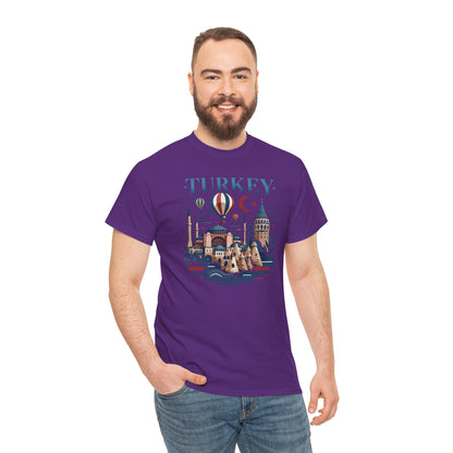Purple T-shirt with “TURKEY” skyline graphic and hot air balloon design on front