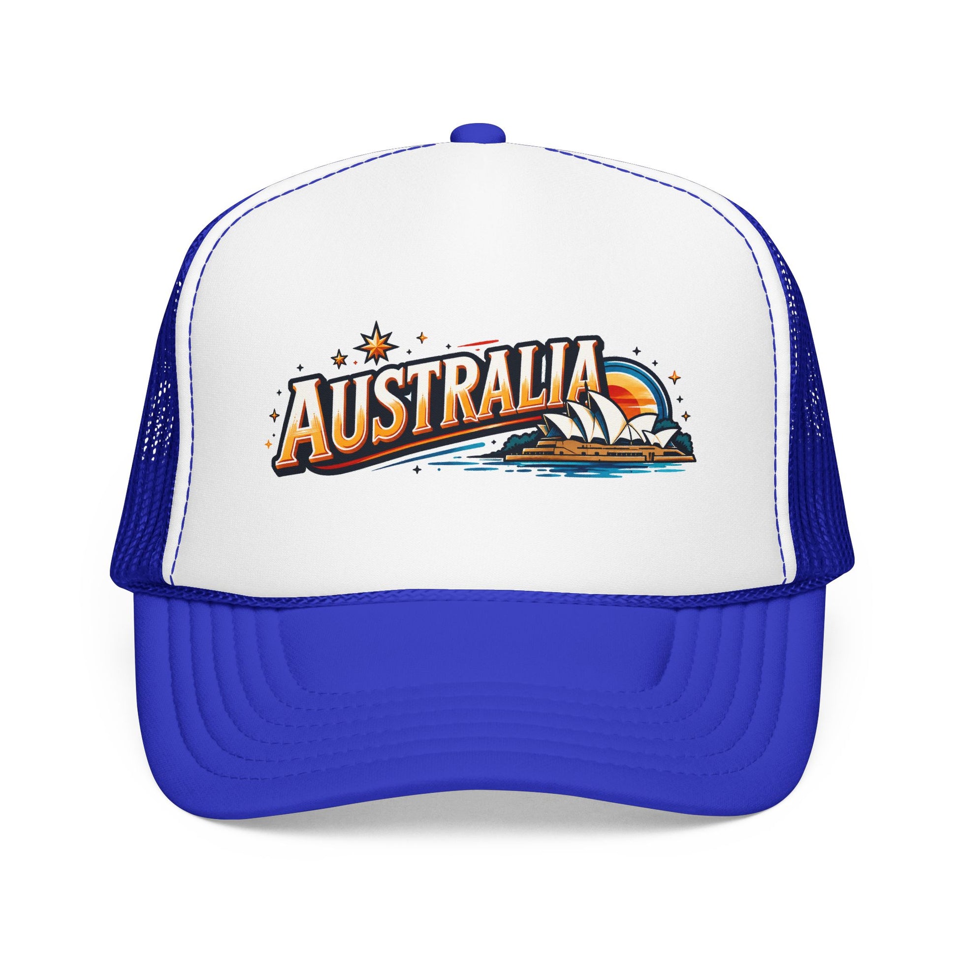 White front panel blue trucker cap with Australia graphic and curved brim