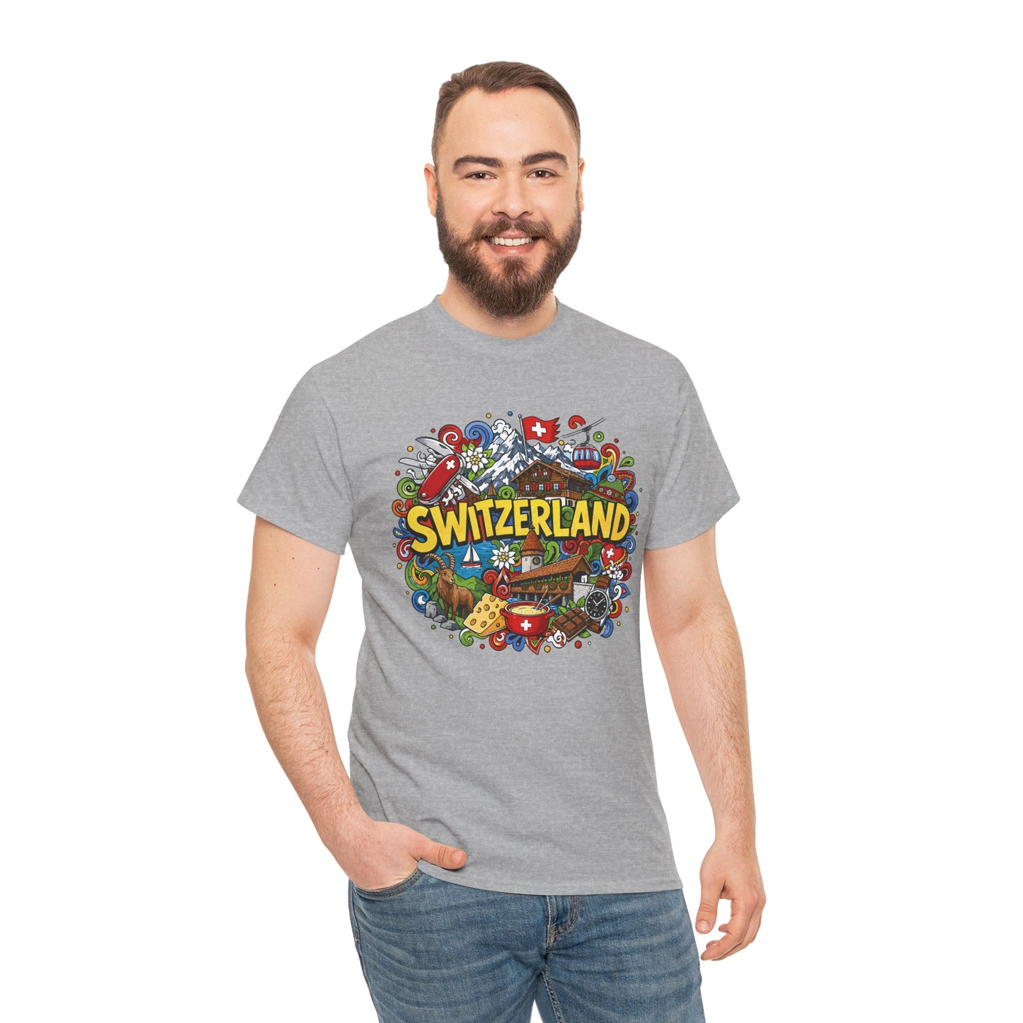 Switzerland-themed T-shirt in sport grey on-model front with colorful SWITZERLAND graphic