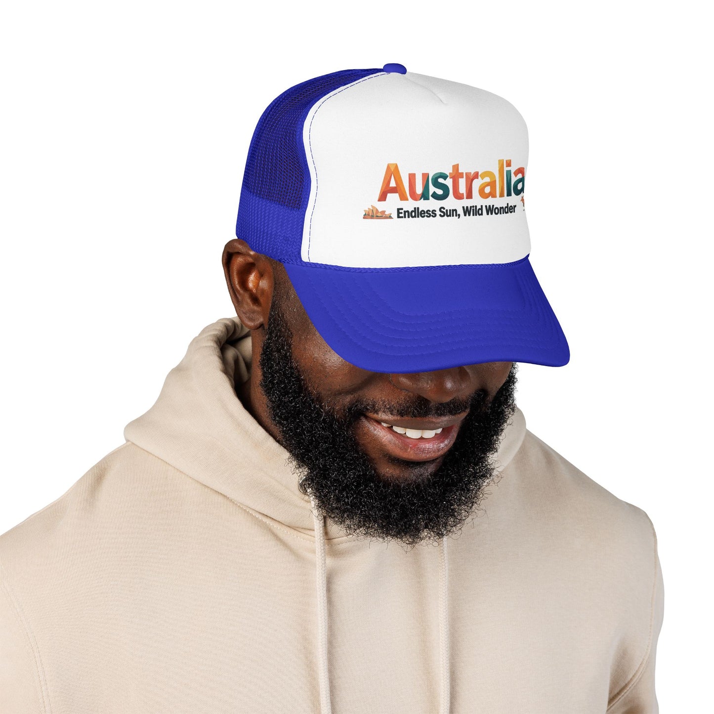 Blue and white trucker travel cap with mesh back and Australia logo patch