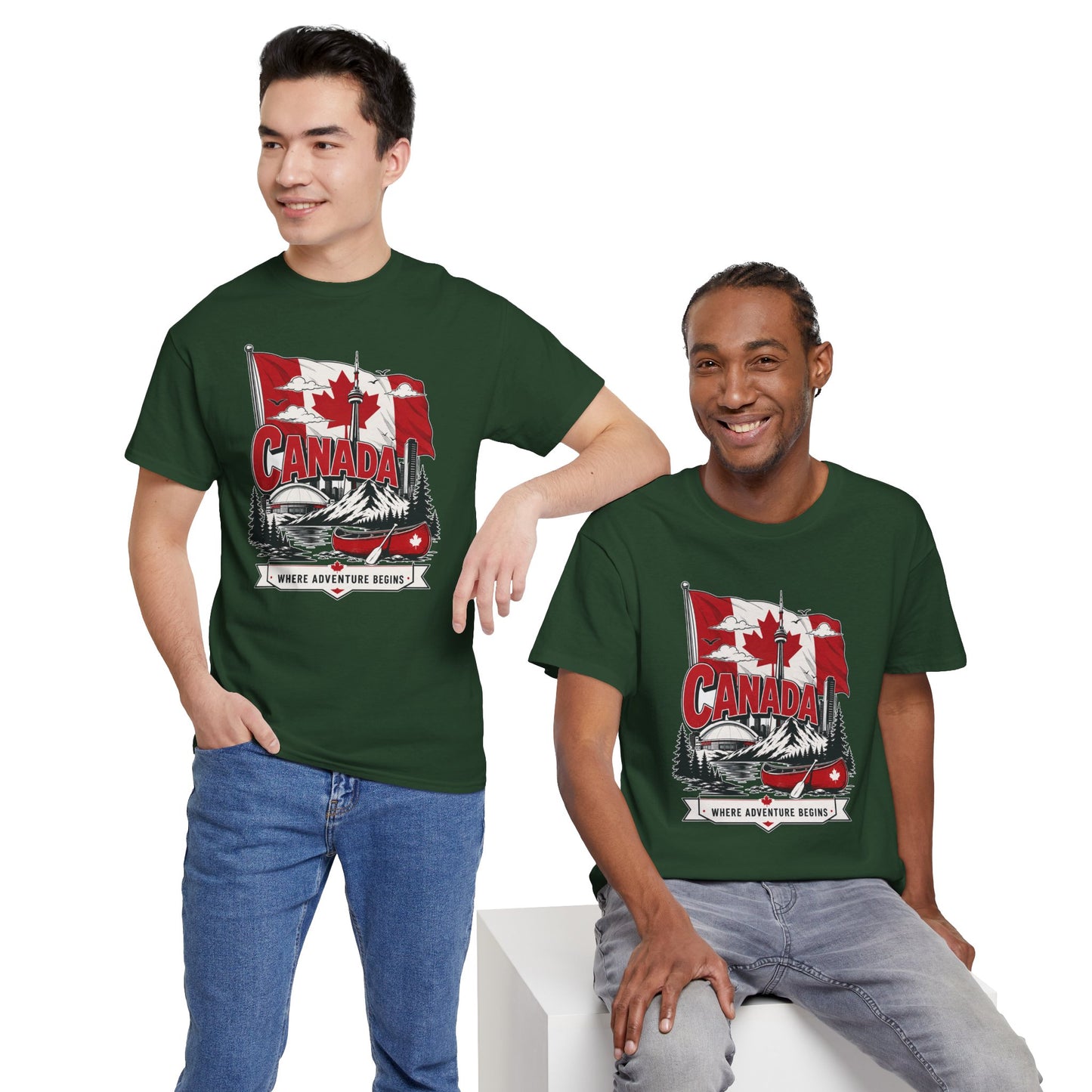 Dark green crewneck short-sleeve T-shirt with Canada graphic, worn with jeans
