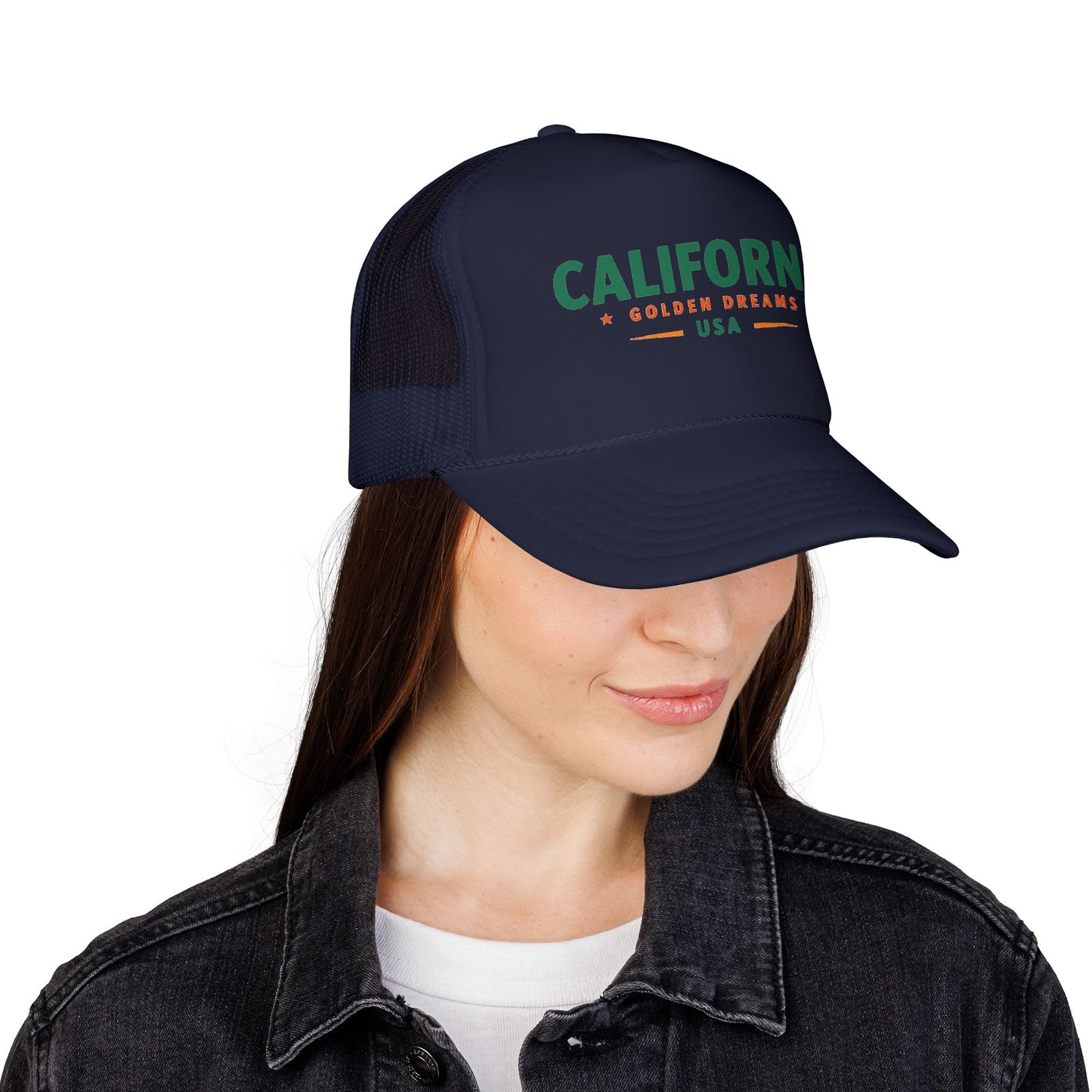 Navy trucker hat with “CALIFORNIA” front logo, mesh back panels, curved brim.