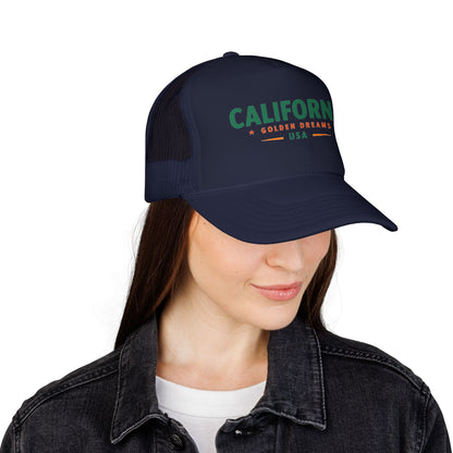 Navy trucker hat with “CALIFORNIA” front logo, mesh back panels, curved brim.