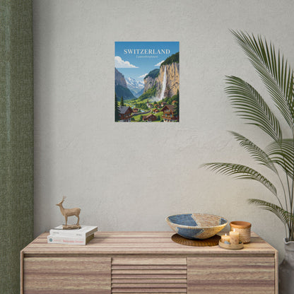 Wall-mounted rolled poster featuring Switzerland, Lauterbrunnen waterfall, and mountain village