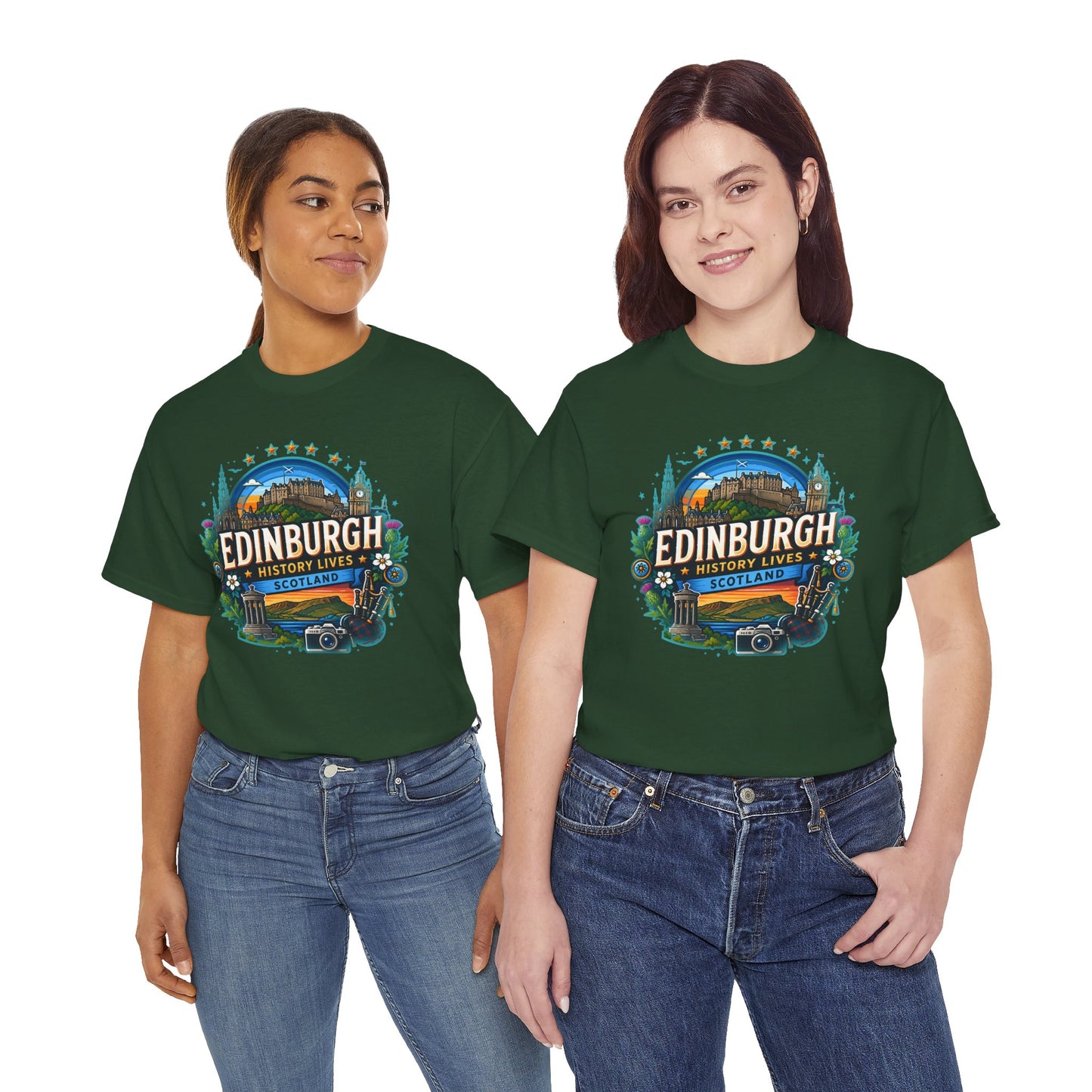 Forest green crew-neck T-shirt with Edinburgh emblem graphic, short sleeves, two women