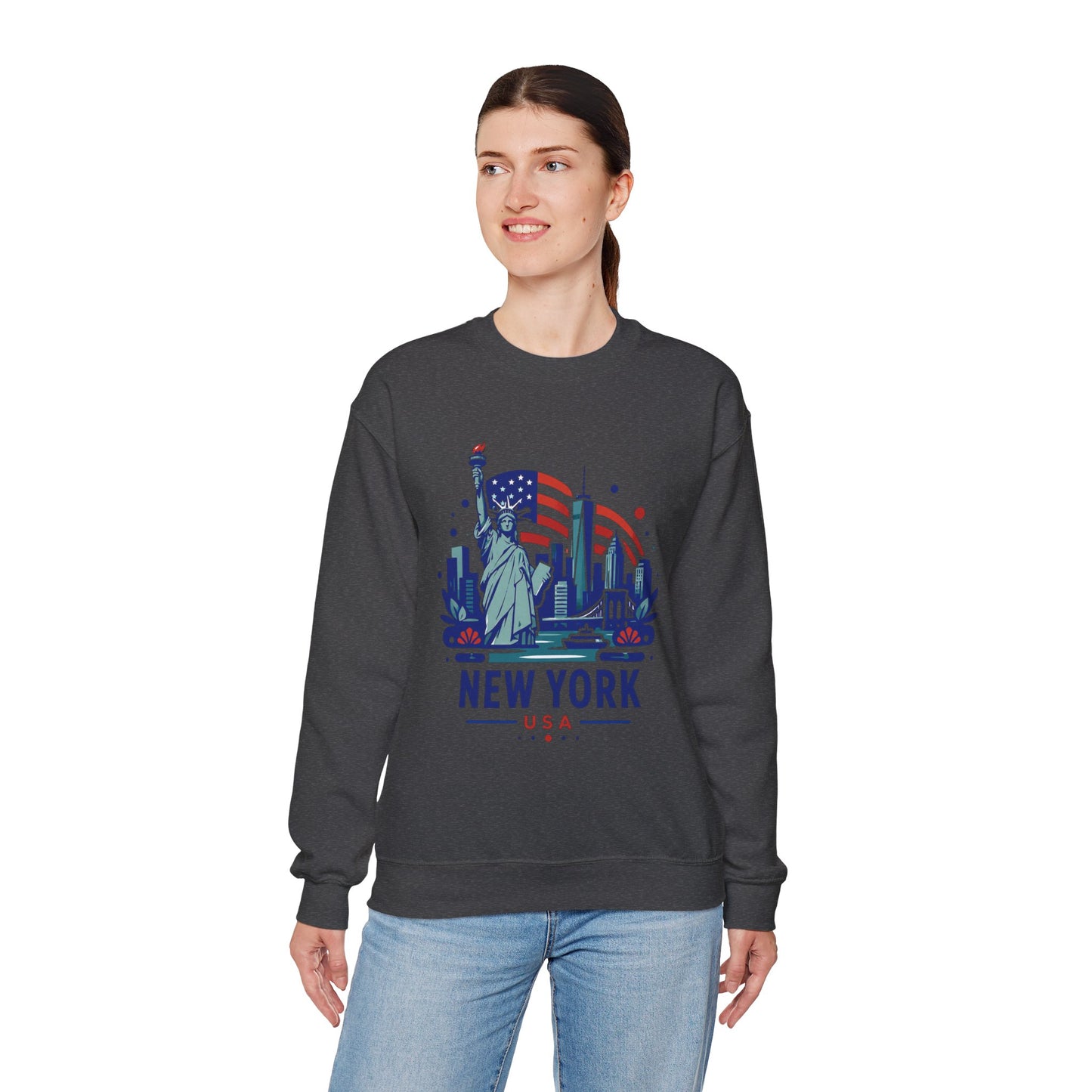 Black crewneck sweatshirt with New York USA skyline graphic, worn by woman