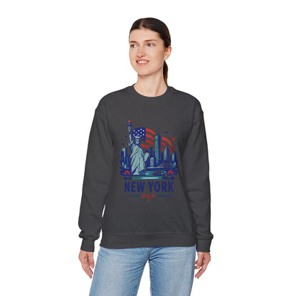 Black crewneck sweatshirt with New York USA skyline graphic, worn by woman