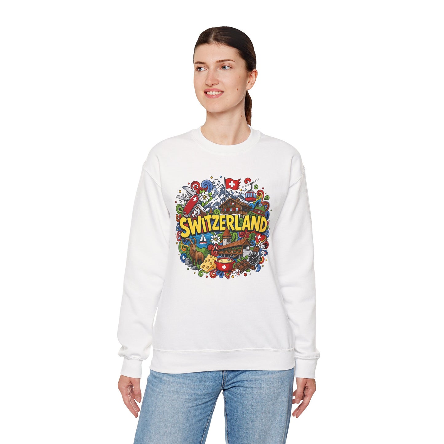 White crewneck sweatshirt with colorful Switzerland graphic on the front