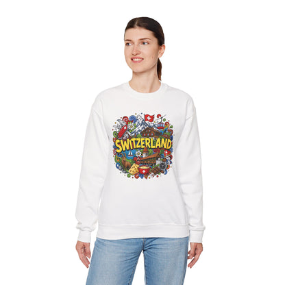 White crewneck sweatshirt with colorful Switzerland graphic on the front