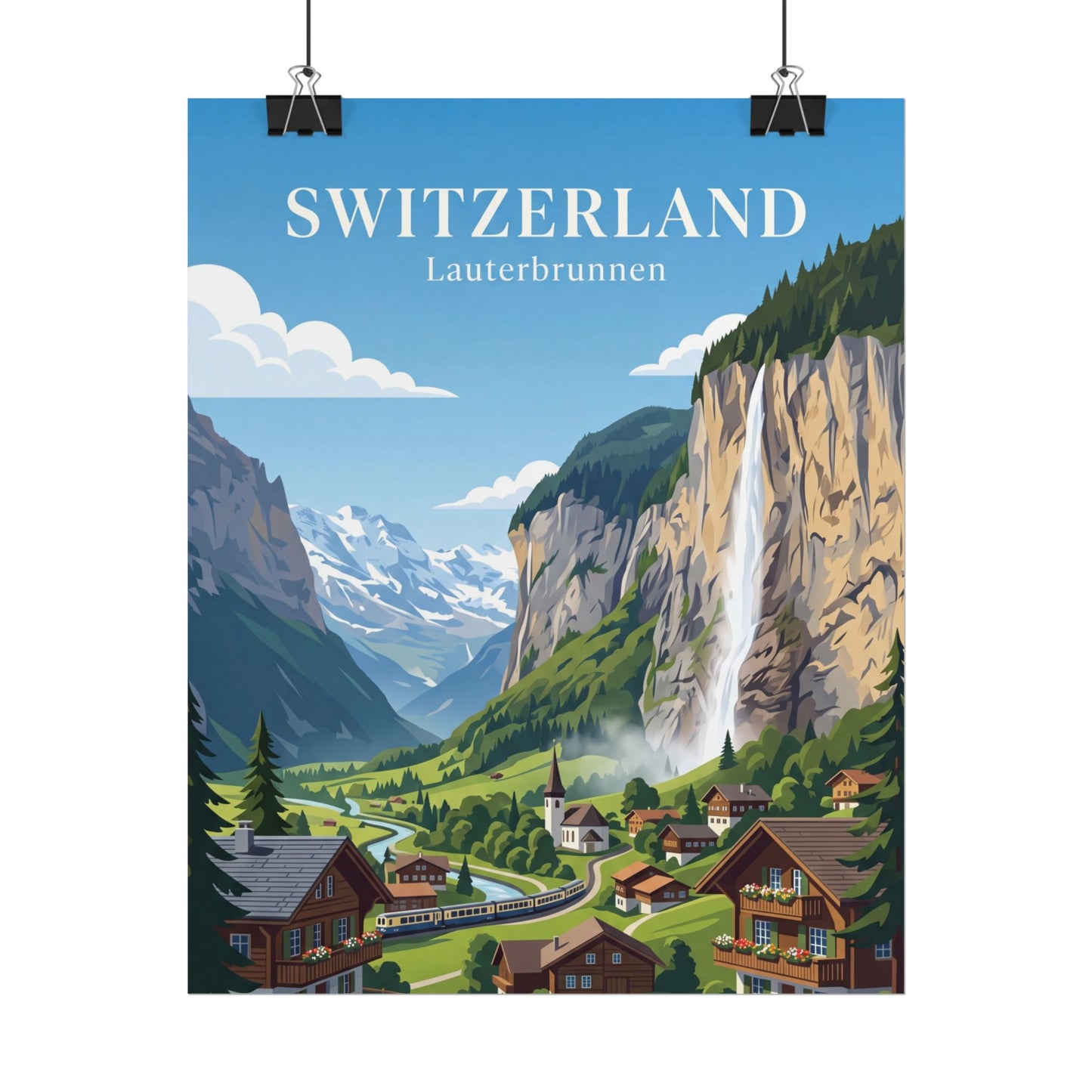 Rolled poster showing Switzerland, Lauterbrunnen village by waterfall and mountains