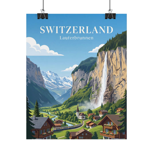 Rolled poster showing Switzerland, Lauterbrunnen village by waterfall and mountains