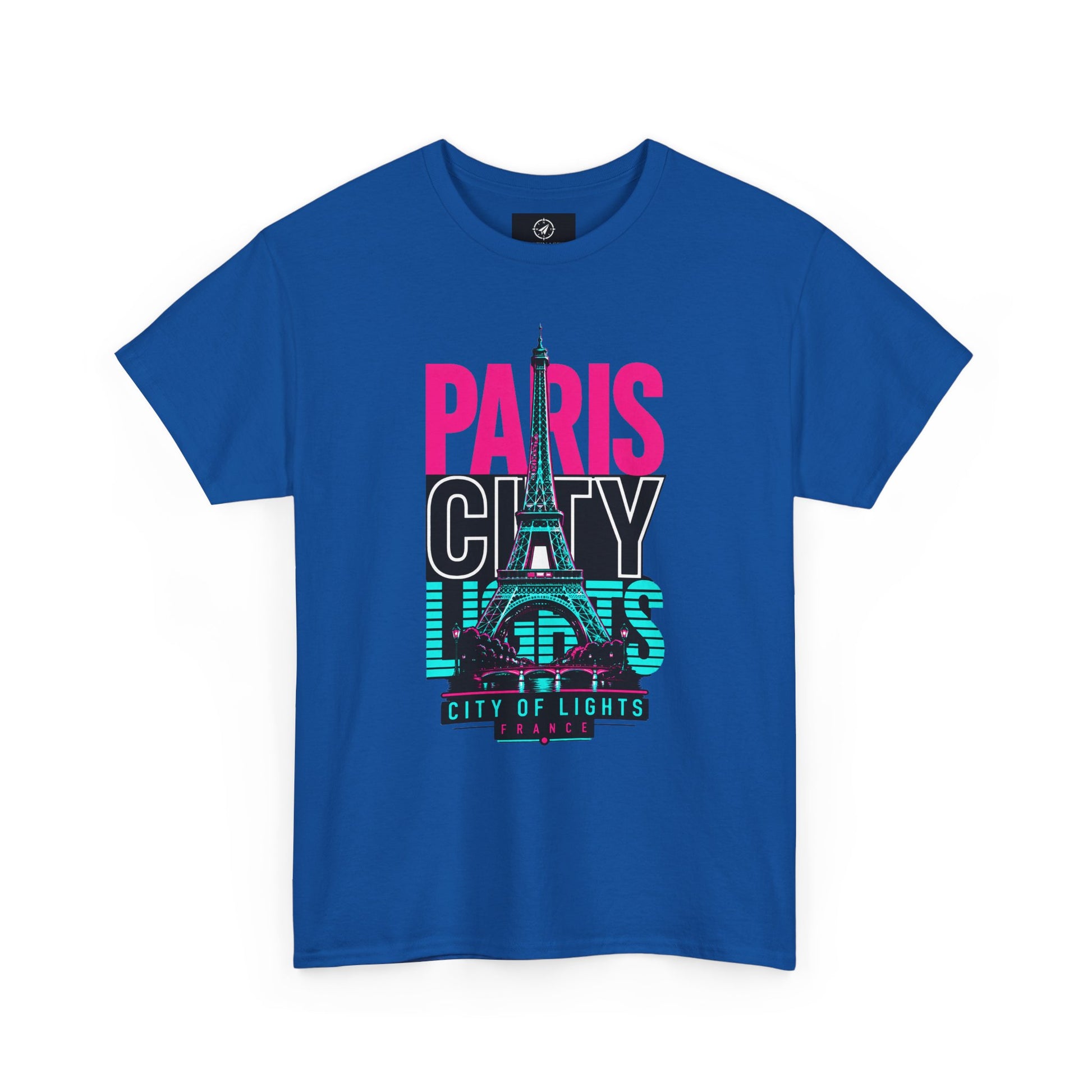 Royal blue T-shirt with neon Eiffel Tower graphic and 'PARIS CITY LIGHTS' print