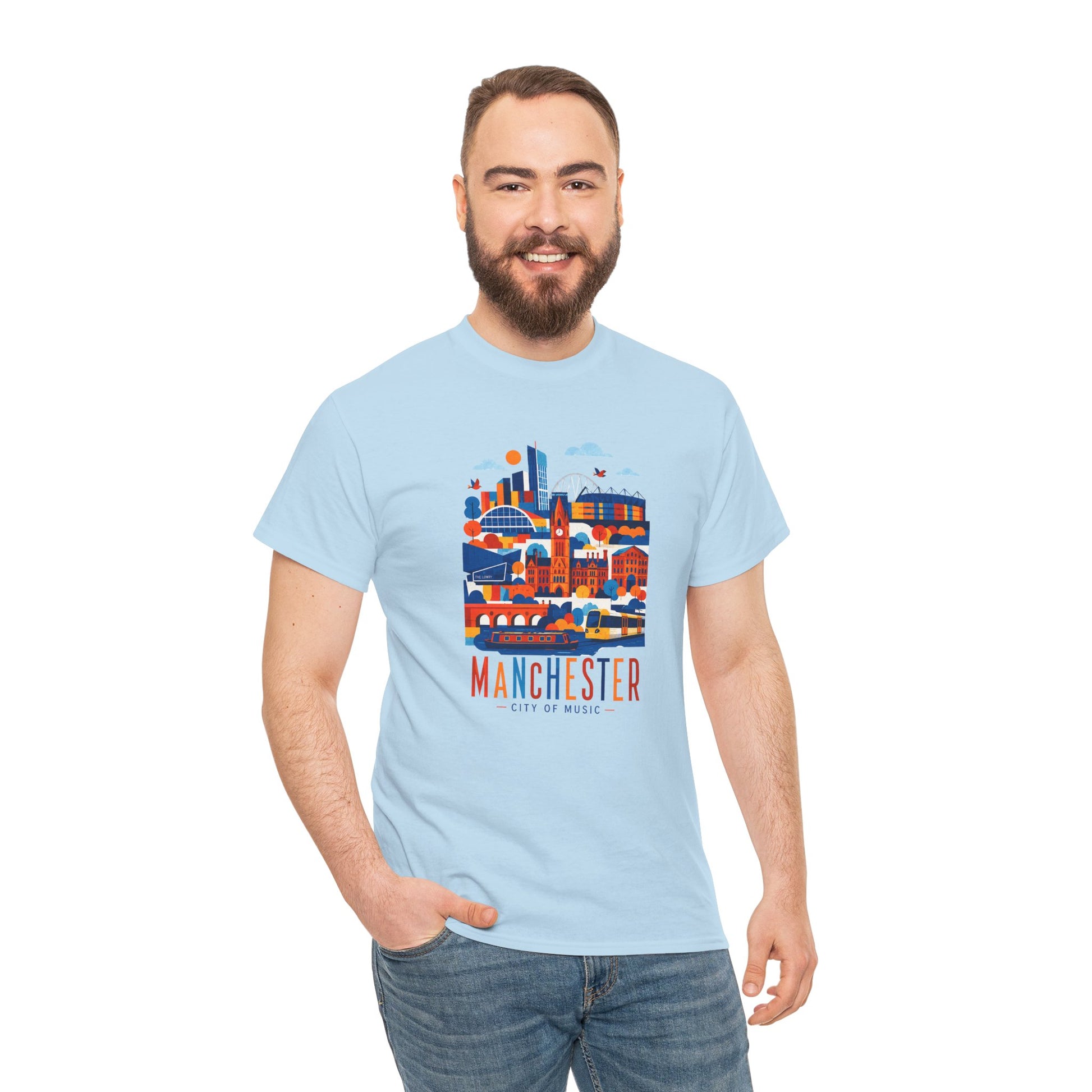 Light blue Manchester Skyline T-shirt with colorful Manchester city artwork on front.