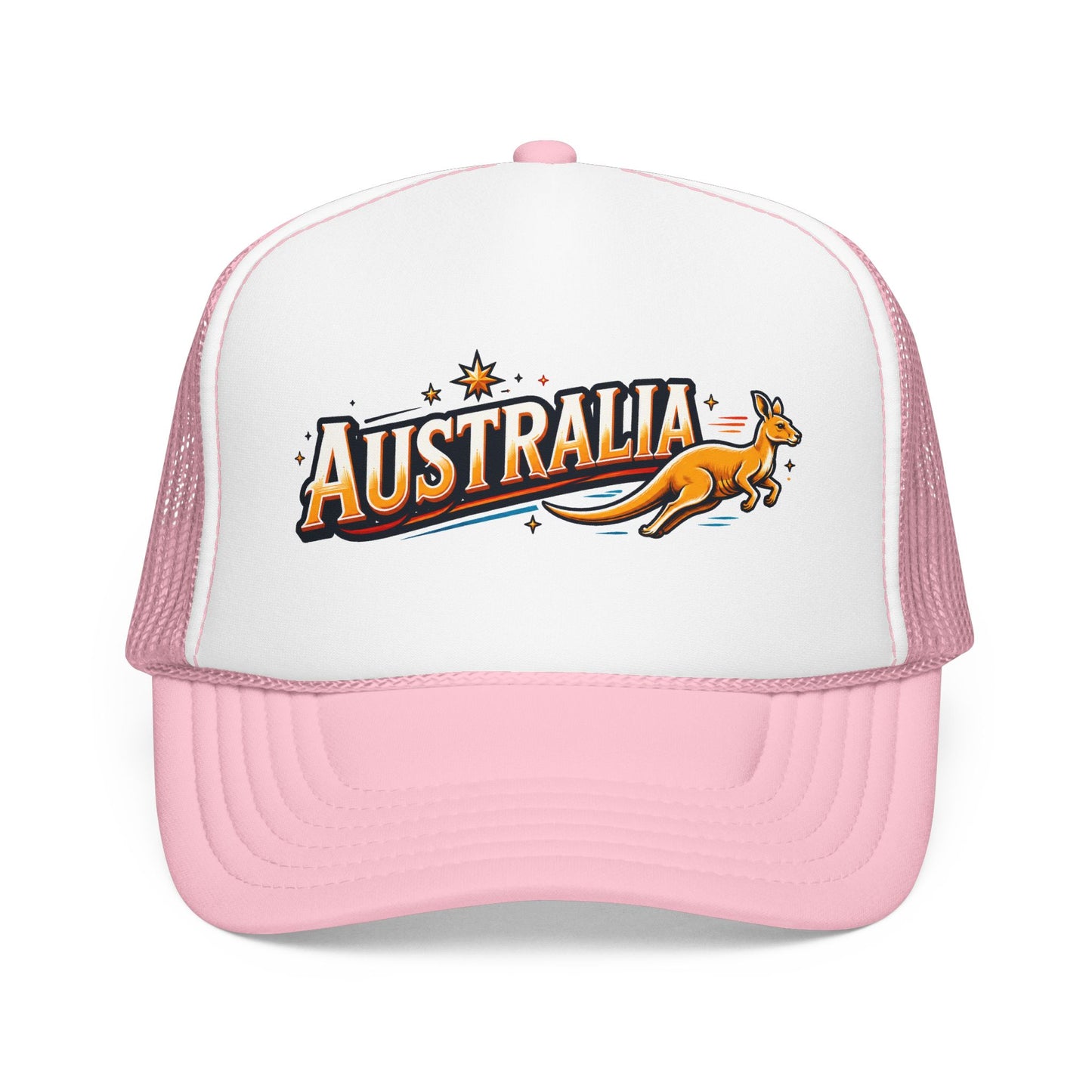 White trucker hat with hot-pink brim and pink mesh panels; kangaroo logo on front