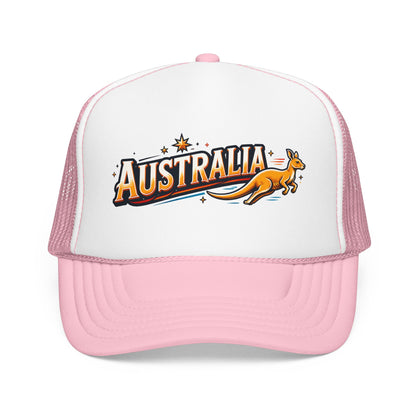 White trucker hat with hot-pink brim and pink mesh panels; kangaroo logo on front