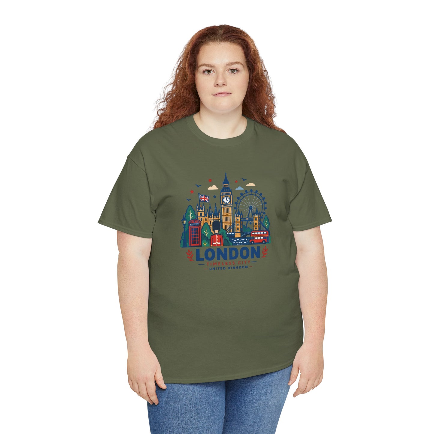 Forest green London skyline graphic T-shirt, short sleeves, crew neck.