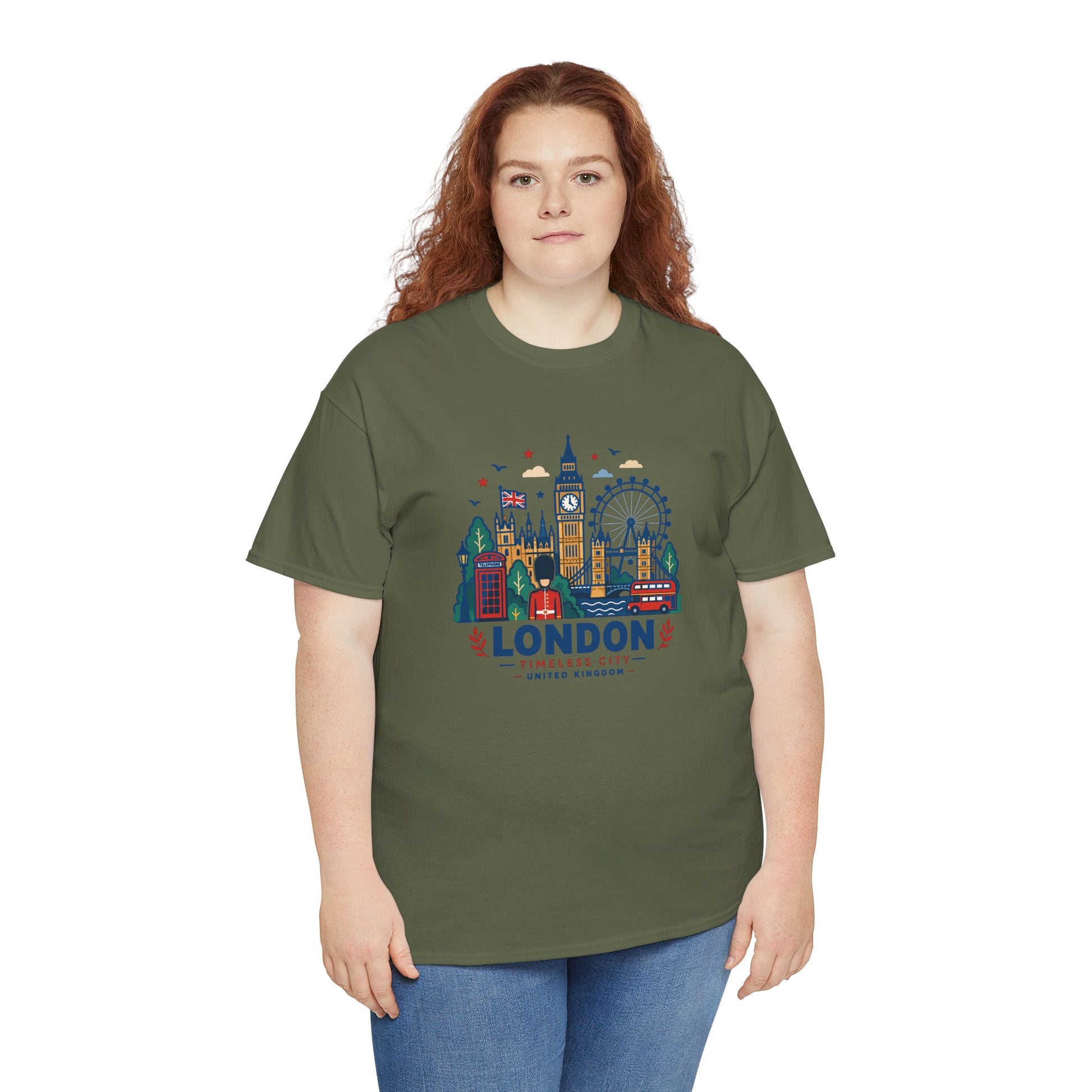 Forest green London skyline graphic T-shirt, short sleeves, crew neck.