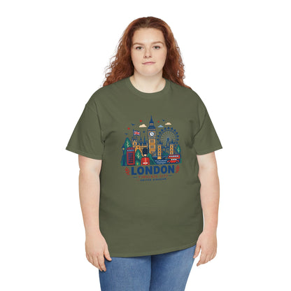 Forest green London skyline graphic T-shirt, short sleeves, crew neck.