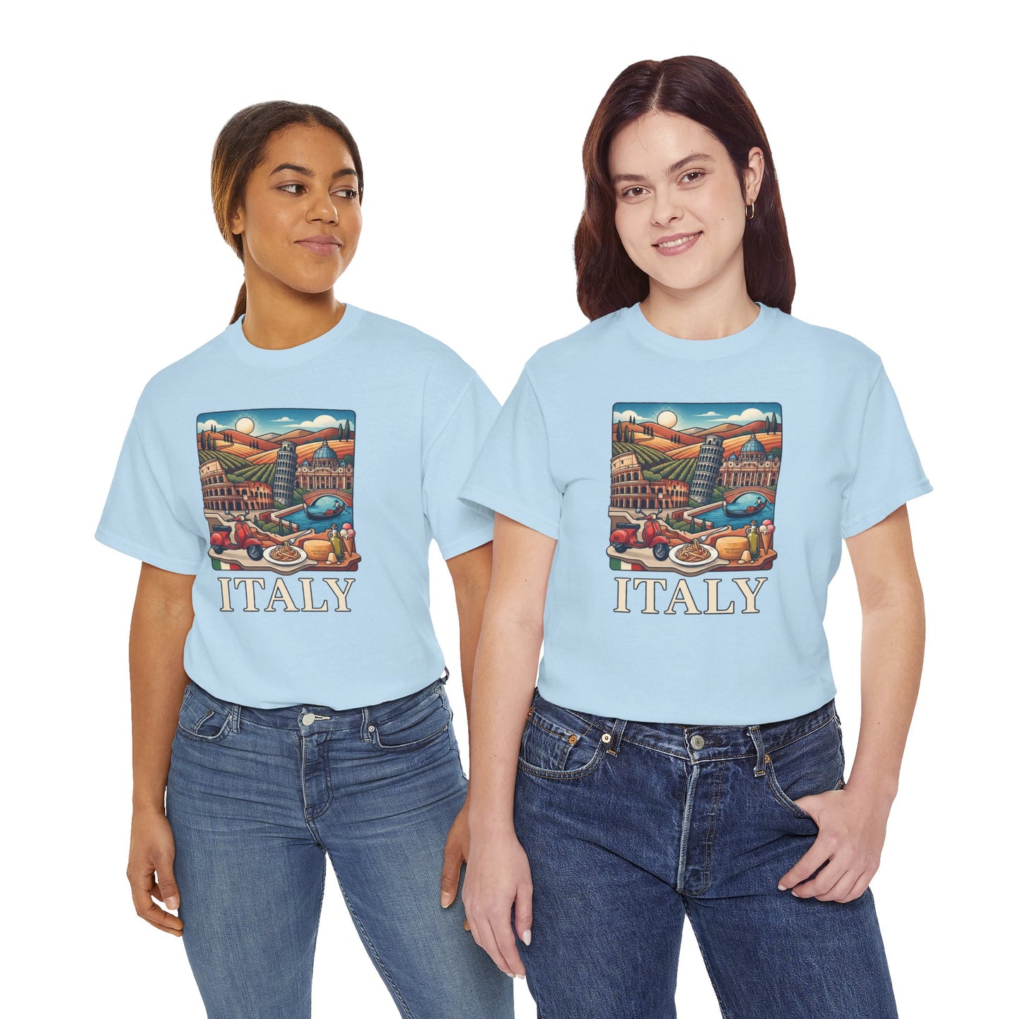 Light blue Italy scenic graphic T-shirt with "ITALY" text on front