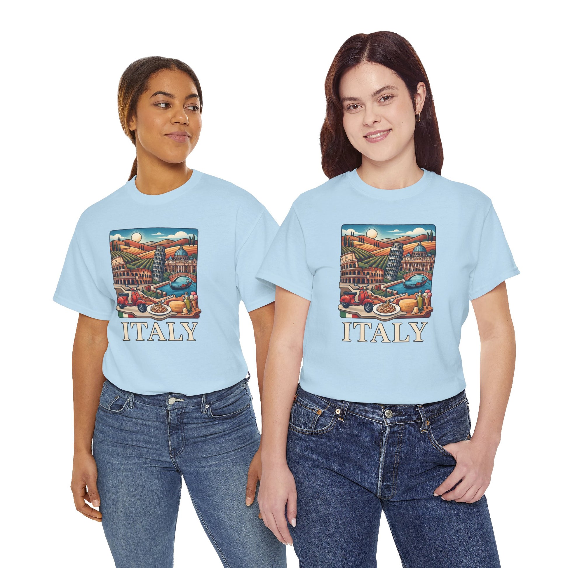 Light blue Italy scenic graphic T-shirt with "ITALY" text on front