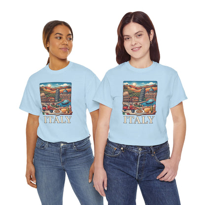 Light blue Italy scenic graphic T-shirt with "ITALY" text on front