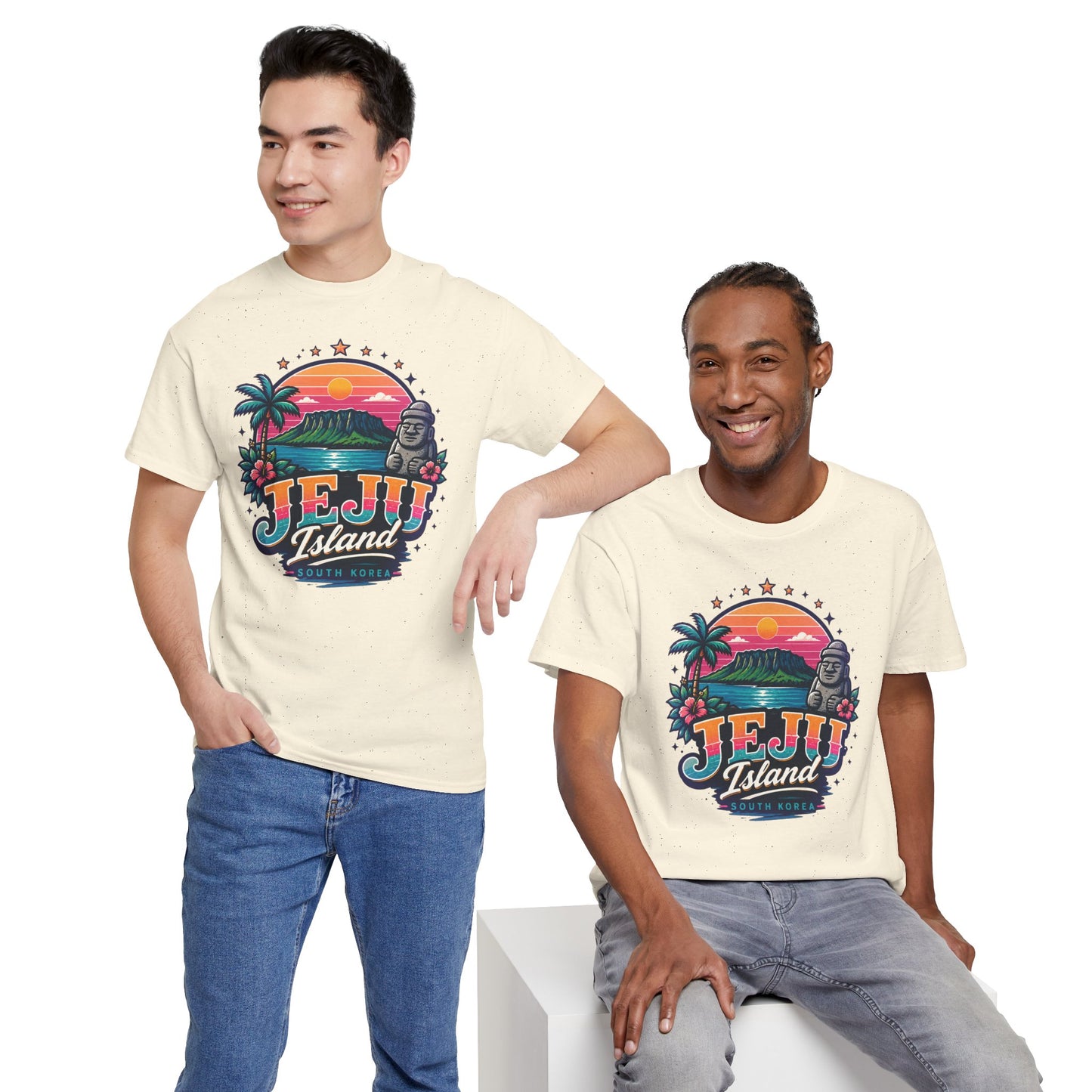 Cream Jeju Island graphic T-shirt worn by two people with jeans