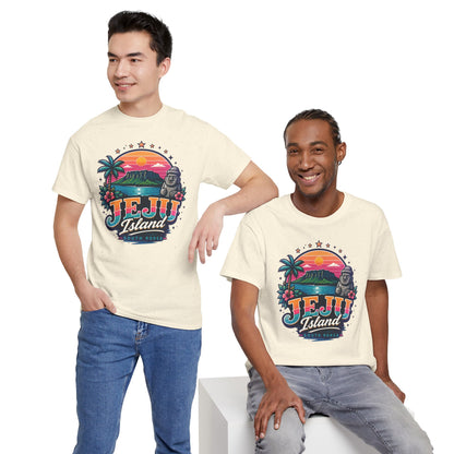Cream Jeju Island graphic T-shirt worn by two people with jeans