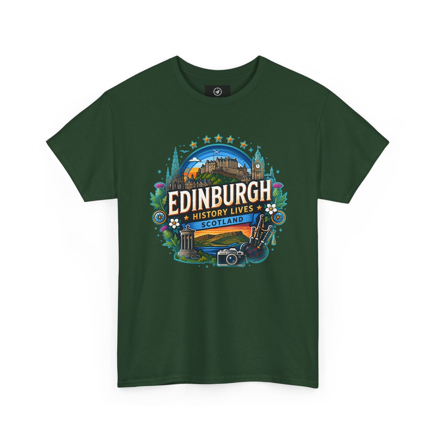 Forest green crew-neck travel T-shirt with colorful Edinburgh graphic on the front