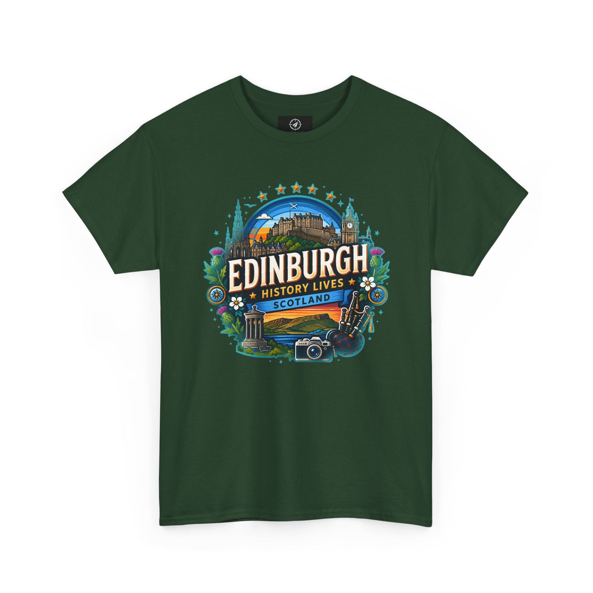 Forest green crew-neck travel T-shirt with colorful Edinburgh graphic on the front