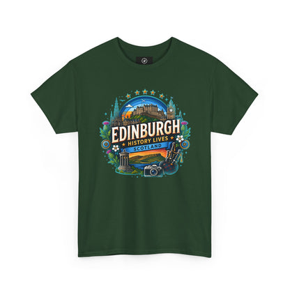 Forest green crew-neck travel T-shirt with colorful Edinburgh graphic on the front