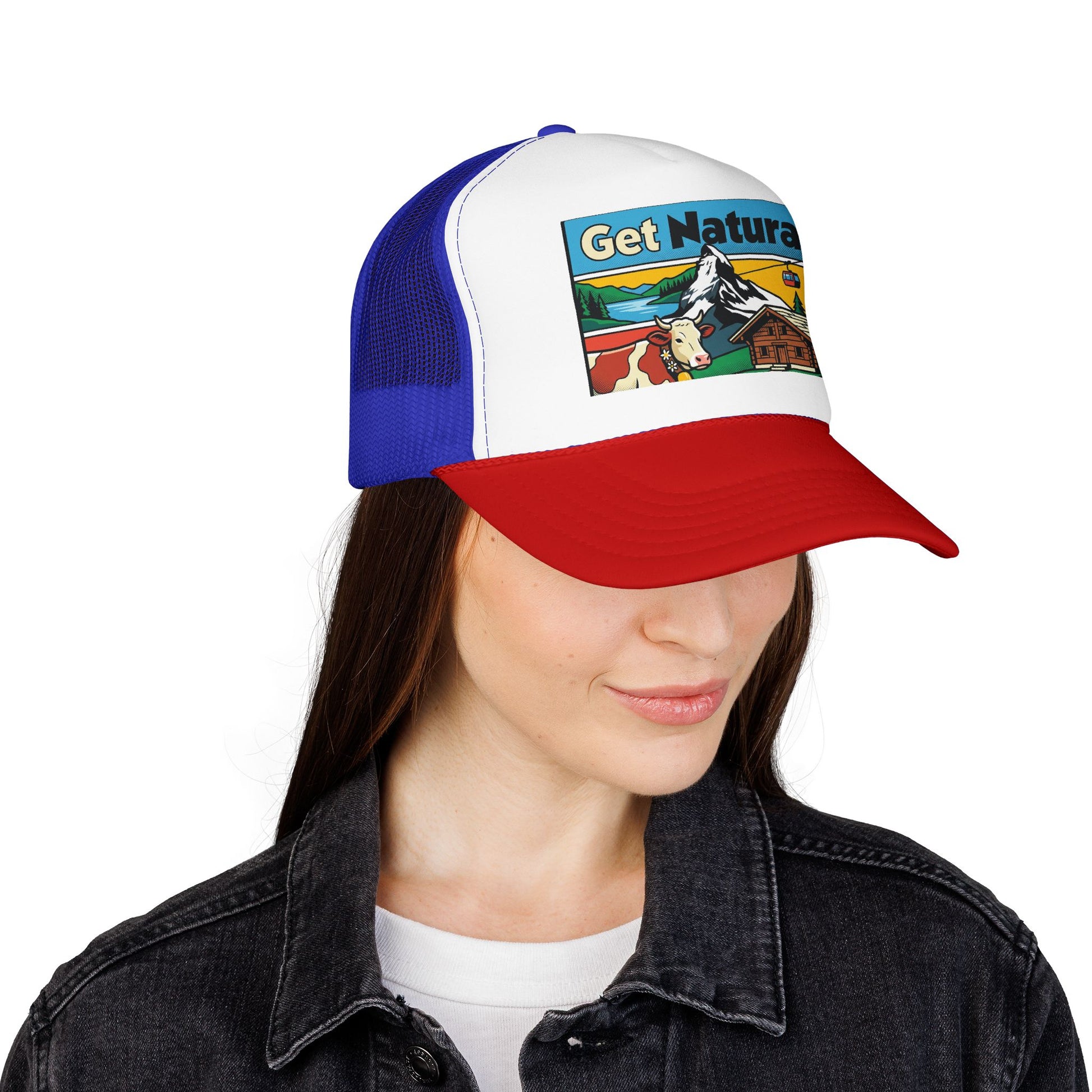 Trucker hat with white crown, blue mesh back, red curved brim, Get Natural front patch