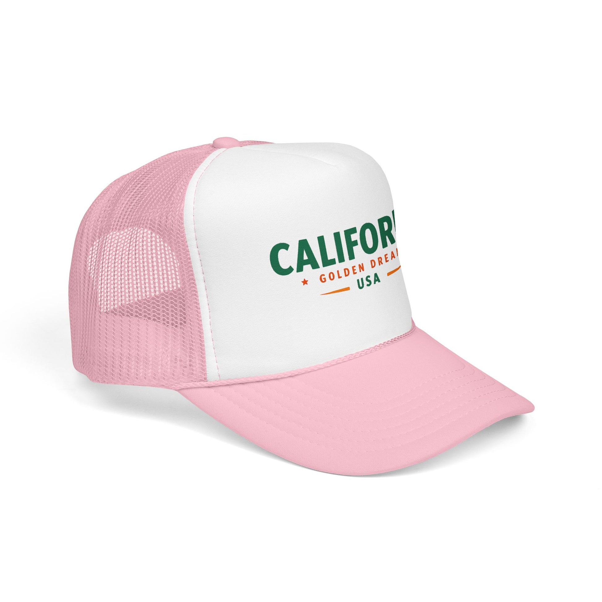 Light pink-and-white trucker hat with green “CALIFORNIA GOLD DREAMS USA” patch