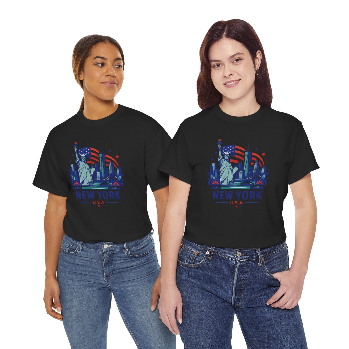 Black T-shirt with “NEW YORK USA” Statue of Liberty graphic, worn by two models