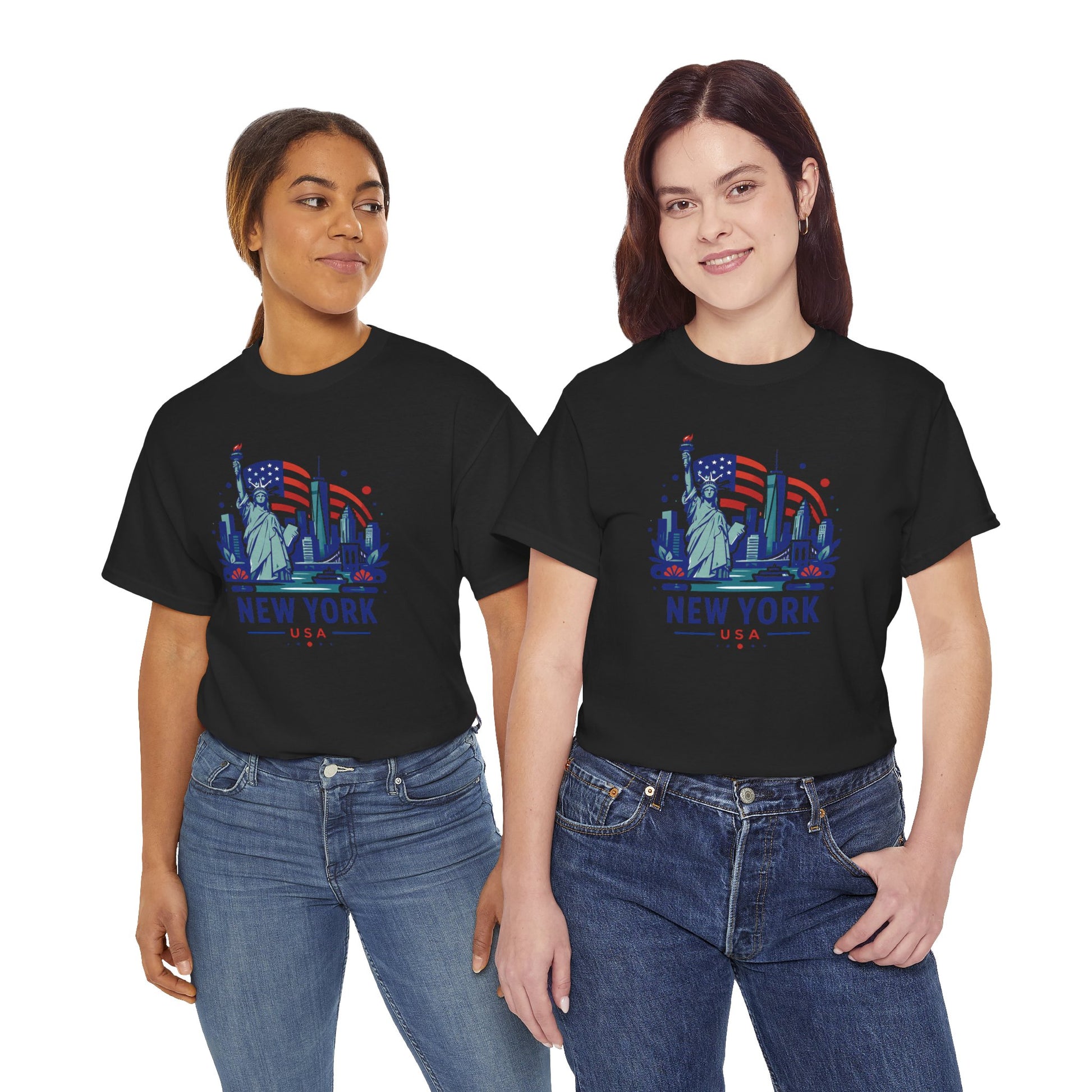 Black T-shirt with “NEW YORK USA” Statue of Liberty graphic, worn by two models