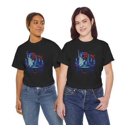Black T-shirt with “NEW YORK USA” Statue of Liberty graphic, worn by two models