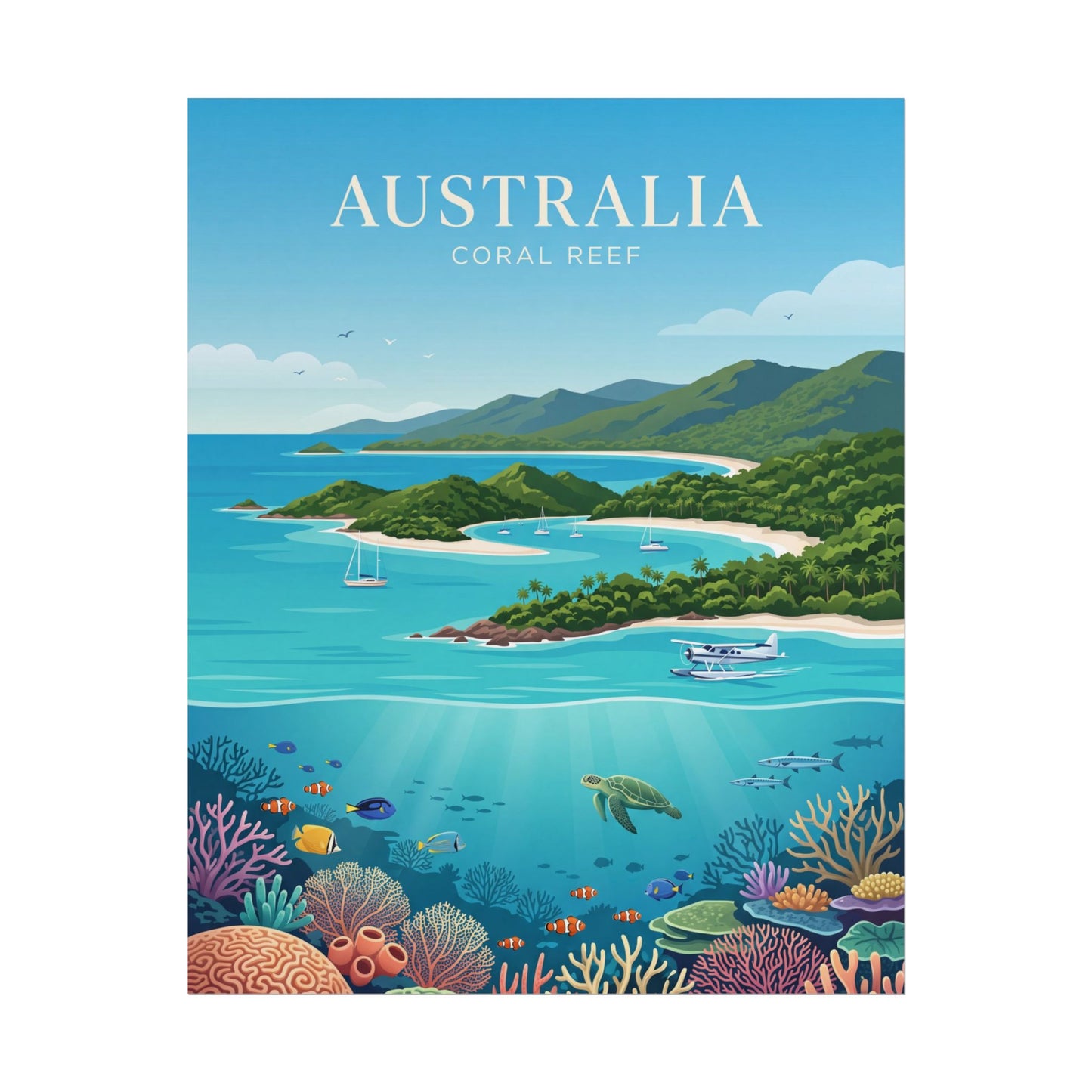 Rolled Australia coral reef poster with bright coral formations, sea turtles, and island shoreline.