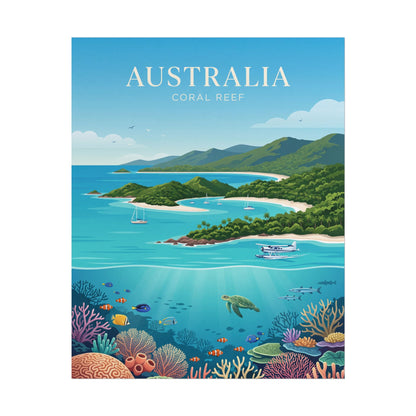 Rolled Australia coral reef poster with bright coral formations, sea turtles, and island shoreline.