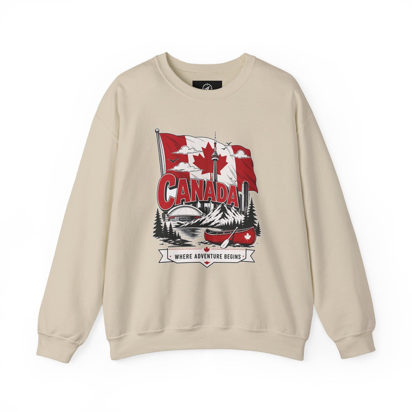 Light beige crewneck sweatshirt with Canada flag canoe graphic and long sleeves.
