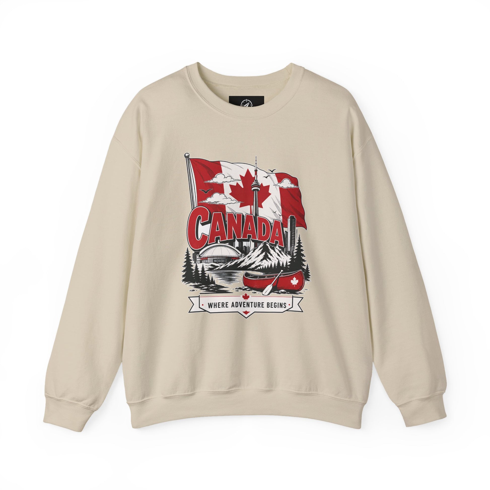 Light beige crewneck sweatshirt with Canada flag canoe graphic and long sleeves.