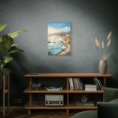 Small vertical matte canvas wall art showing Turkey Pamukkale terraces, pools, and path.