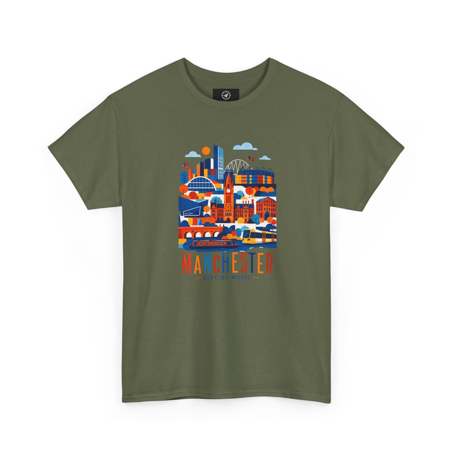 Olive green T-shirt with colorful Manchester skyline graphic
