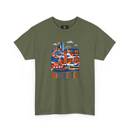 Olive green T-shirt with colorful Manchester skyline graphic