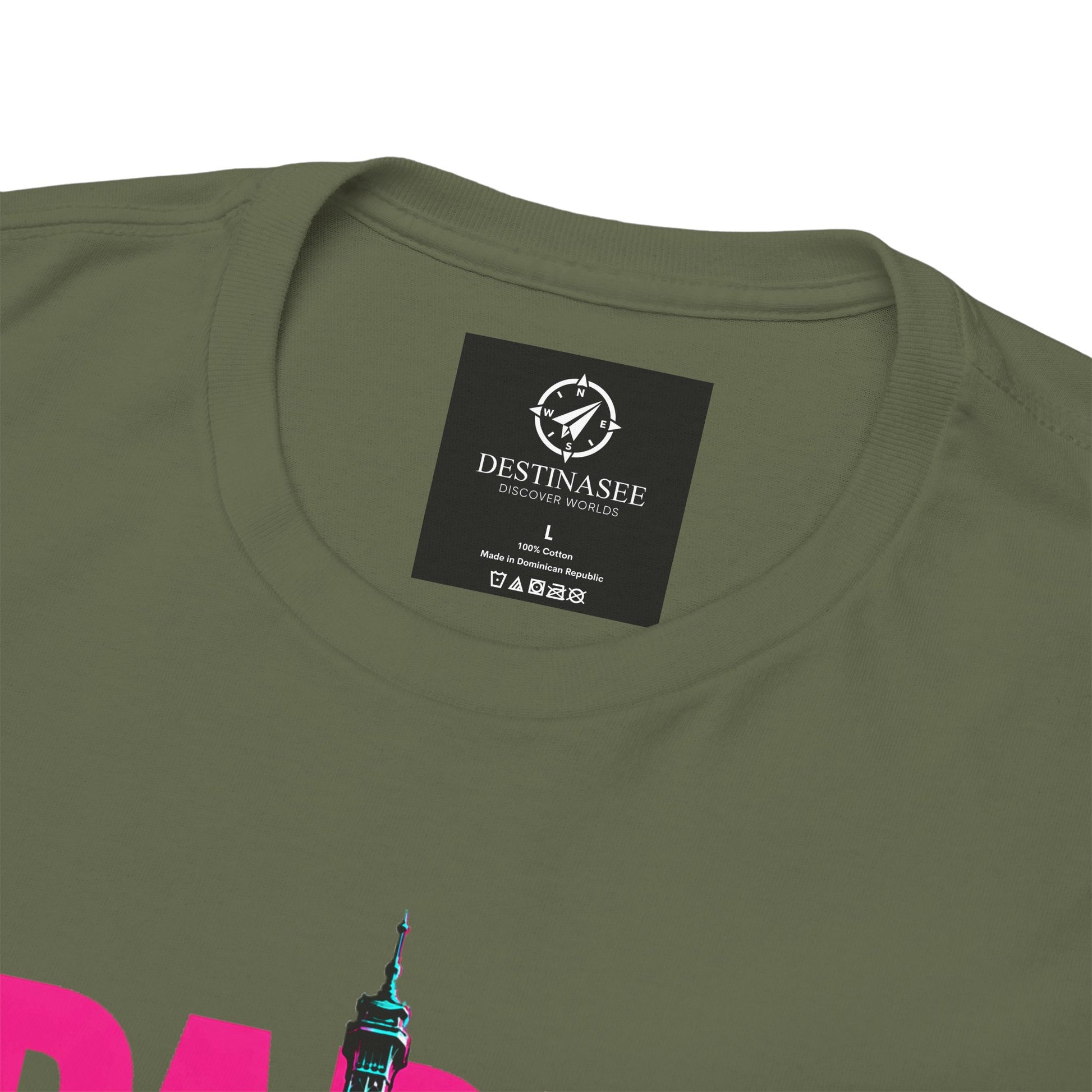 Crew-neck T-shirt, olive green; close-up of neck label and partial Eiffel Tower graphic