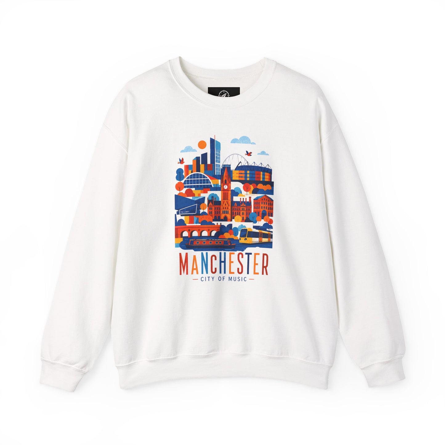 White crewneck sweatshirt with colorful Manchester city graphic on front