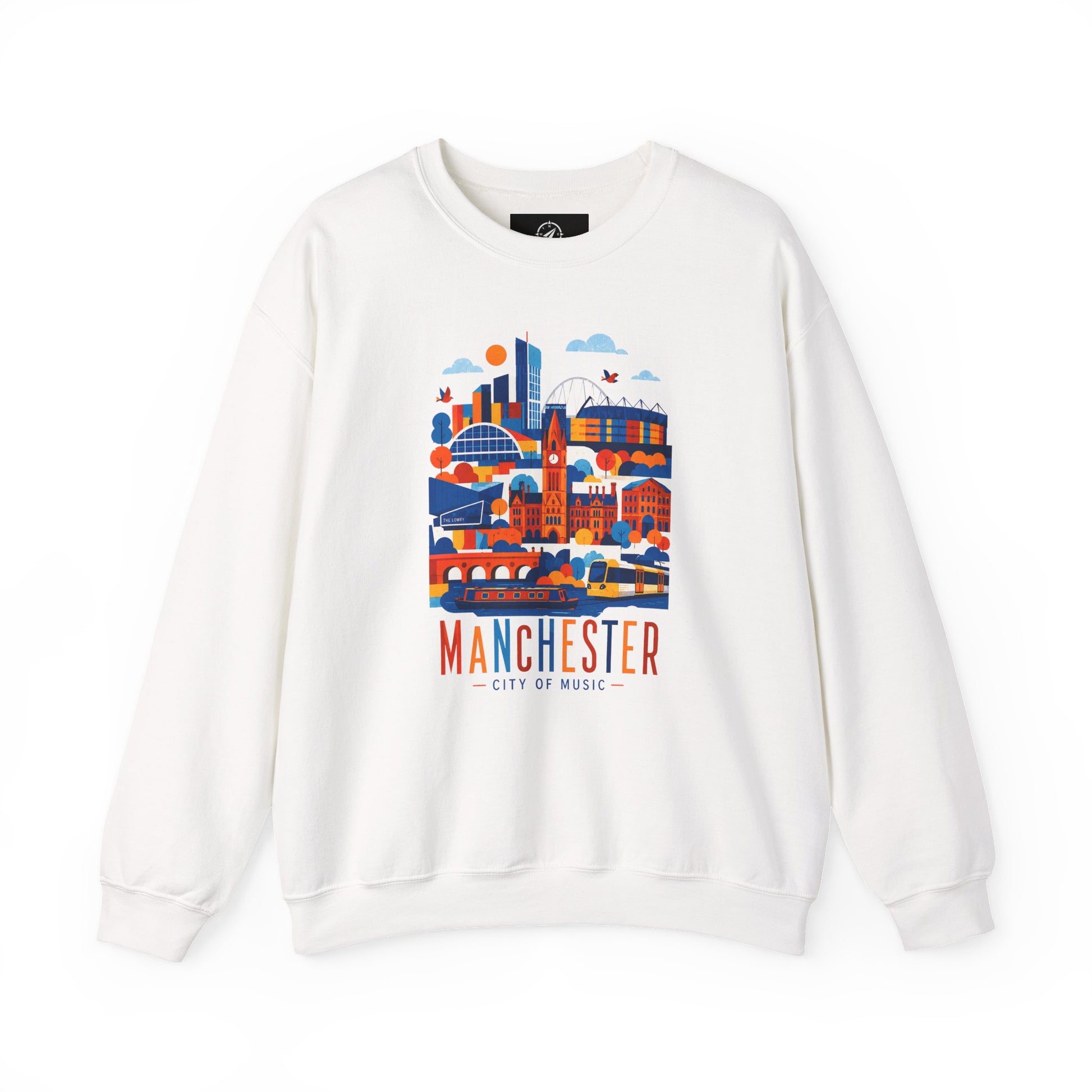 White crewneck sweatshirt with colorful Manchester city graphic on front