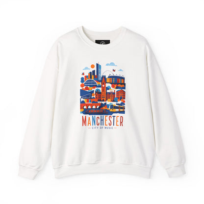 White crewneck sweatshirt with colorful Manchester city graphic on front