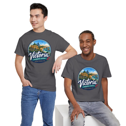 Charcoal short-sleeve travel tee with circular front graphic and crew neck