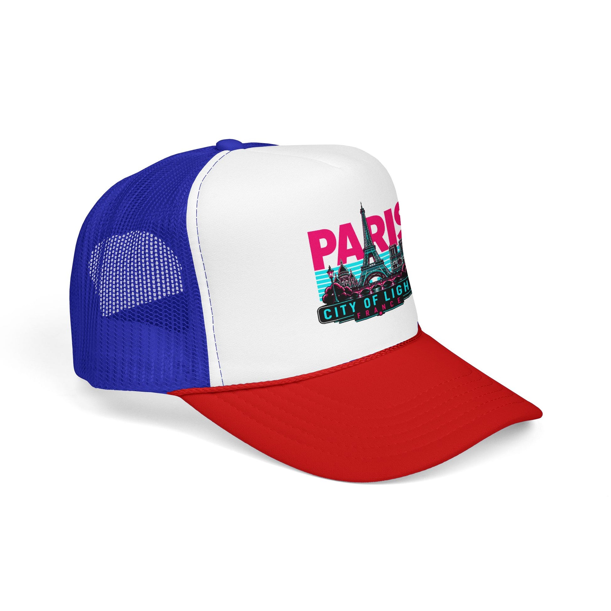 Blue and white trucker hat with red brim; Paris City of Lights graphic on front